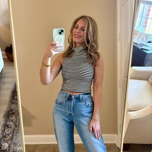 American Apparel Black and White Stripe Cropped Turtleneck Tank